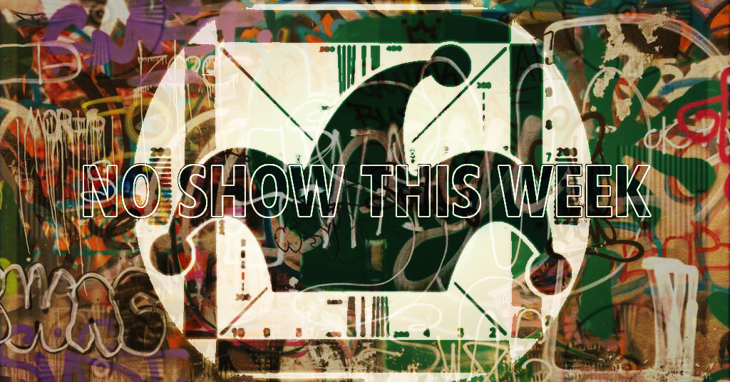 A distressed, glitchy, old-fashioned TV test pattern has the Phoole jester hat logo and the words NO SHOW THIS WEEK across it.