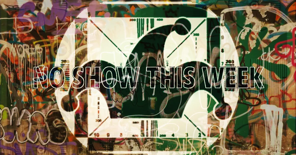 A distressed, glitchy, old-fashioned TV test pattern has the Phoole jester hat logo and the words NO SHOW THIS WEEK across it.